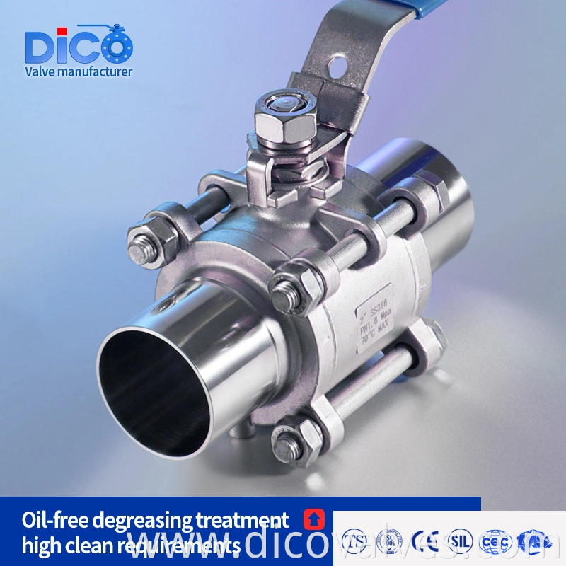 Water Treatment Food Grade Sanitary Type Stainless Steel Butt Weld End 3PC Ball Valve